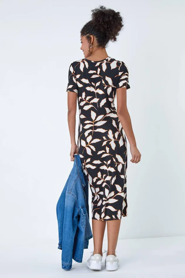 Black Leaf Print Midi Stretch Dress Women Roman Dresses