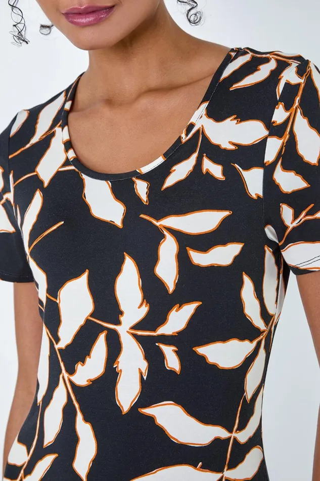 Black Leaf Print Midi Stretch Dress Women Roman Dresses
