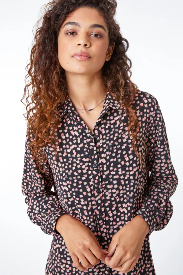 Black Longline Spot Print Shirt Women Roman Tops