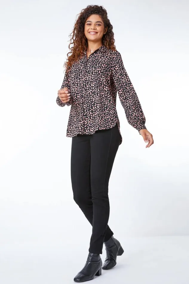 Black Longline Spot Print Shirt Women Roman Tops