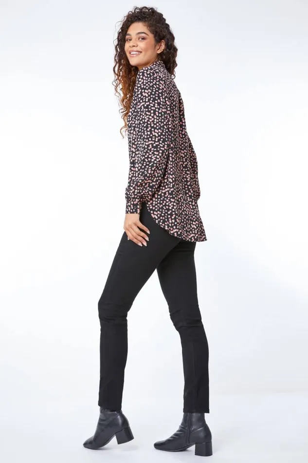 Black Longline Spot Print Shirt Women Roman Tops