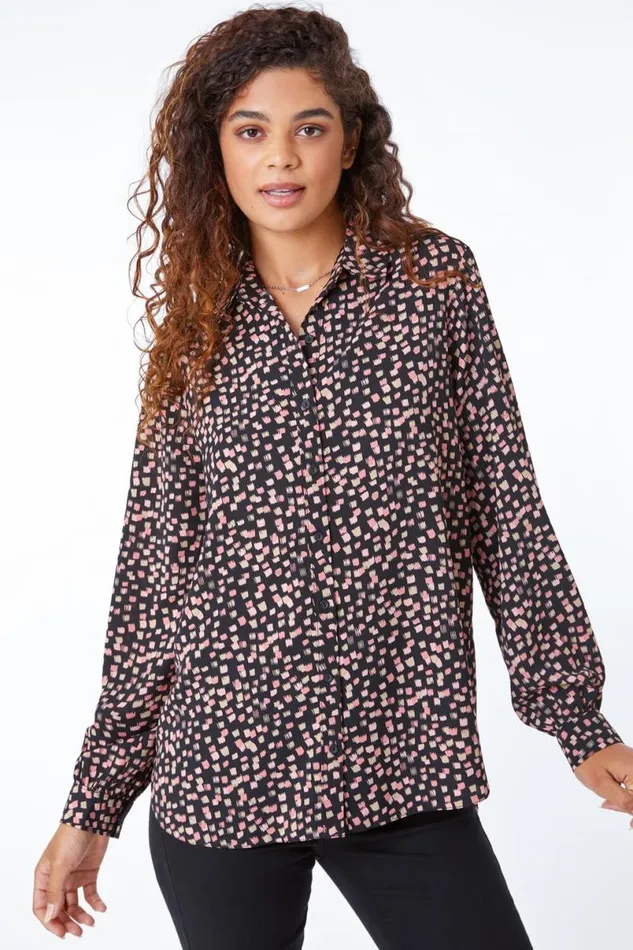Black Longline Spot Print Shirt Women Roman Tops