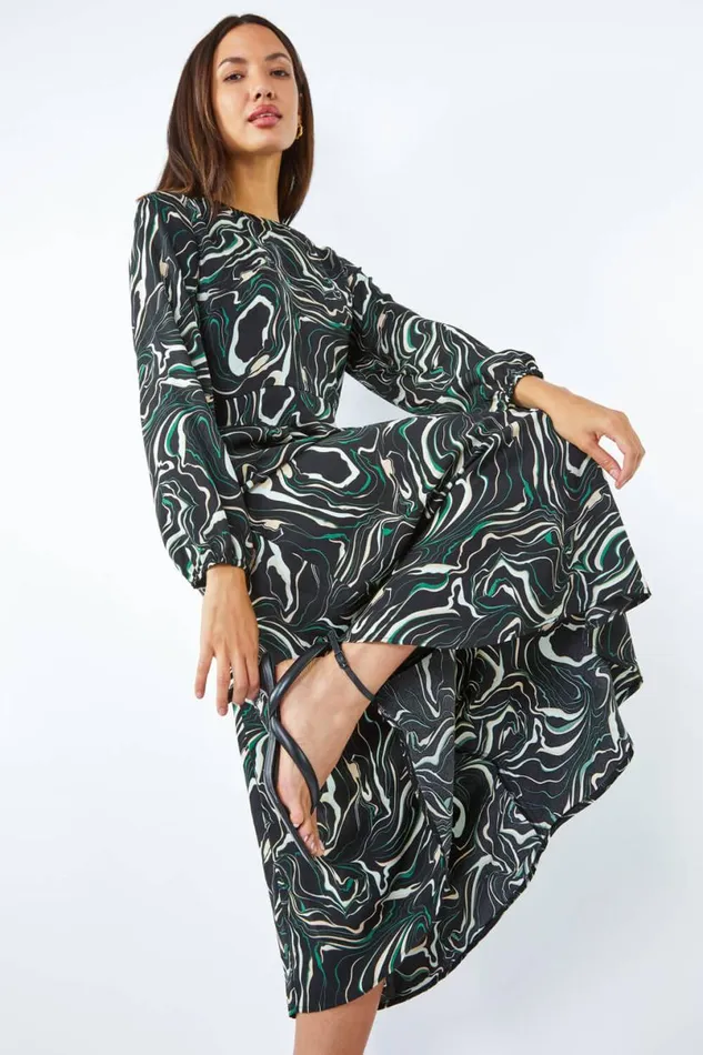 Black Marble Print Fit and Flare Dress Women Roman Dresses