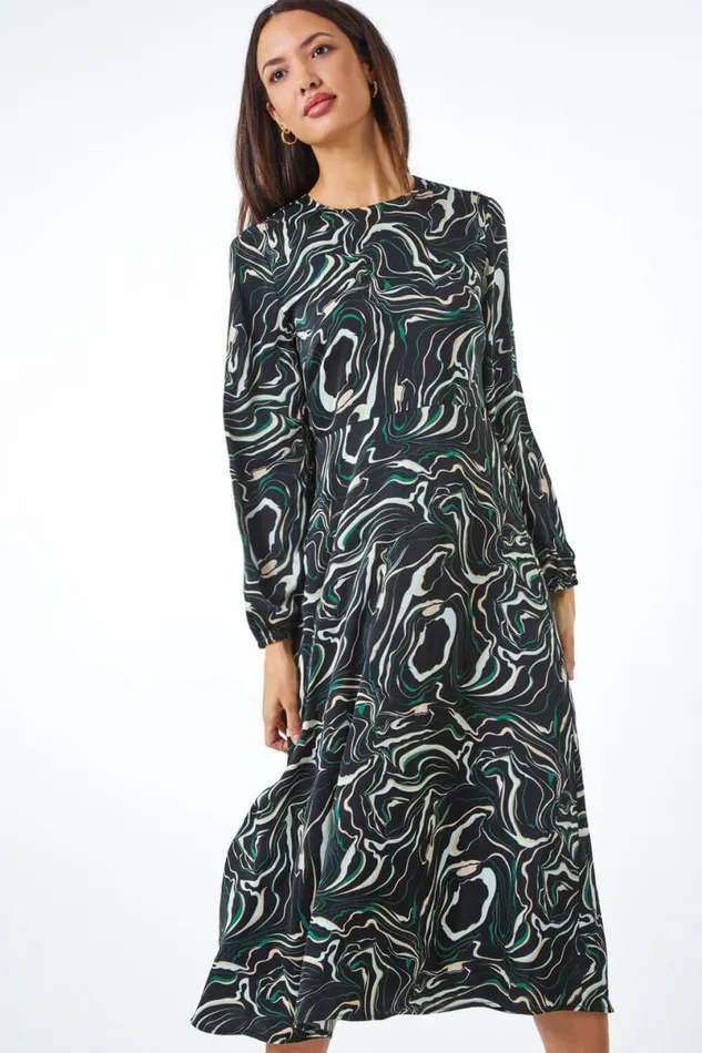 Black Marble Print Fit and Flare Dress Women Roman Dresses