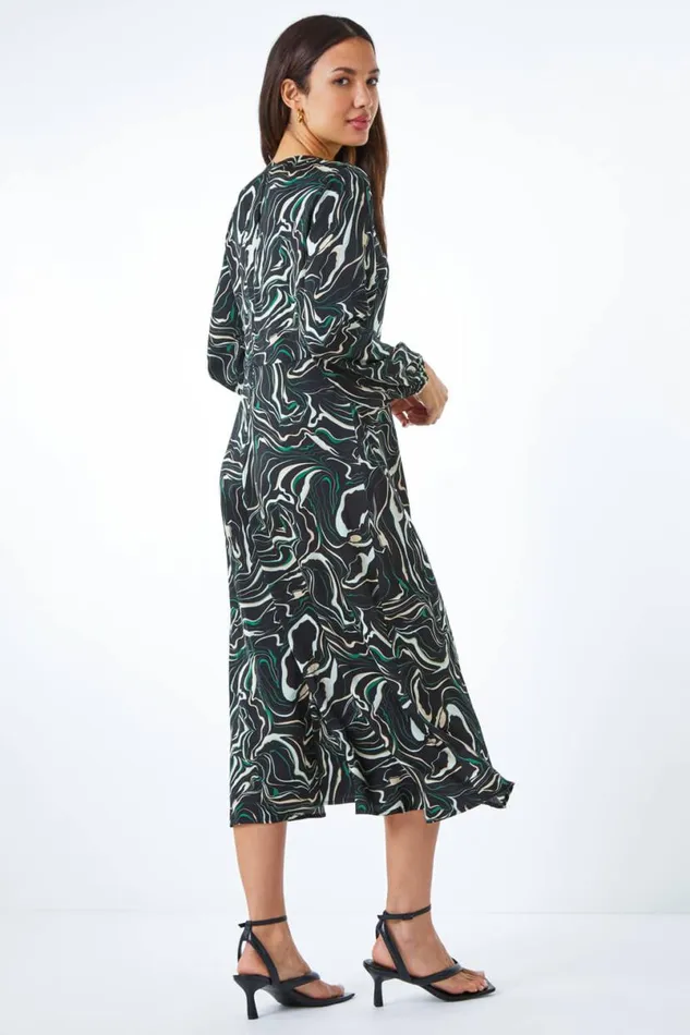 Black Marble Print Fit and Flare Dress Women Roman Dresses