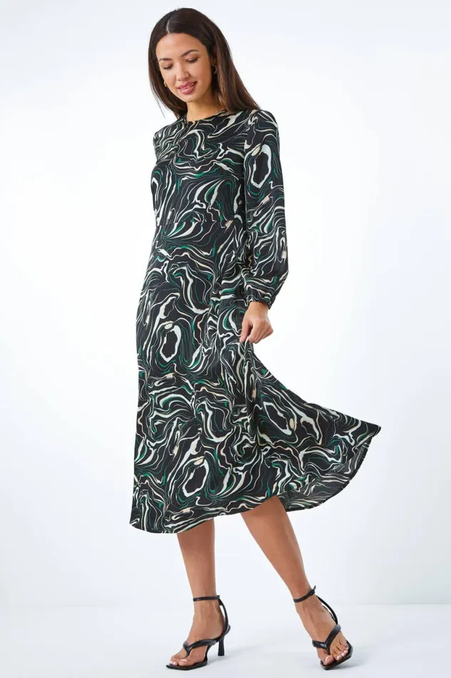 Black Marble Print Fit and Flare Dress Women Roman Dresses