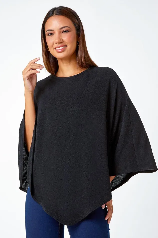 Black Marl Overlay Stretch Top Women Roman Tops