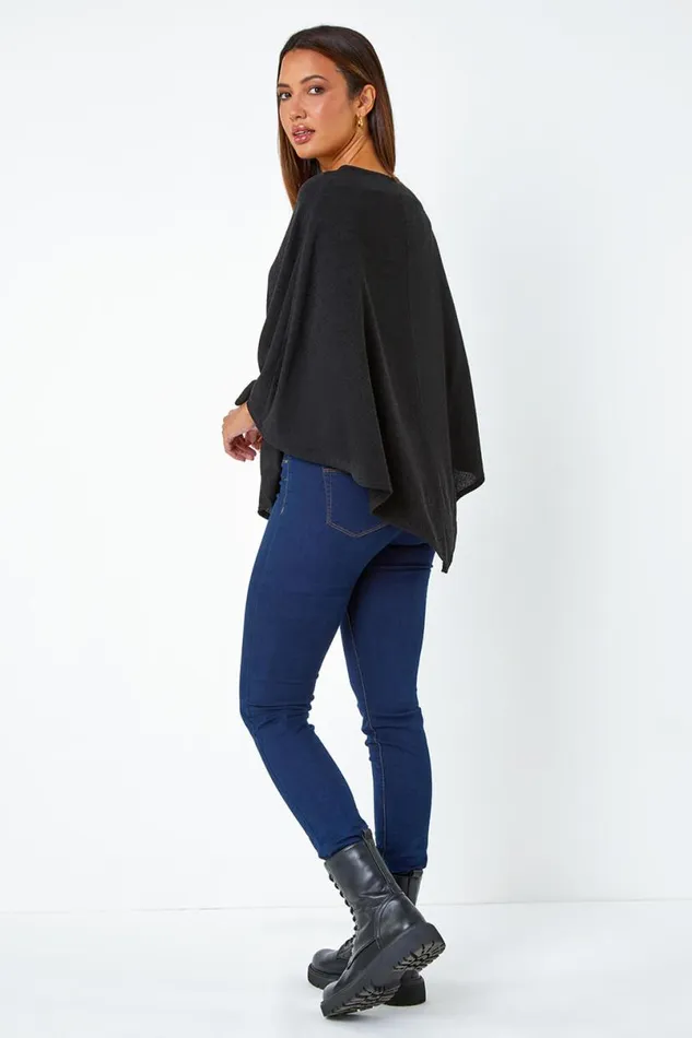 Black Marl Overlay Stretch Top Women Roman Tops