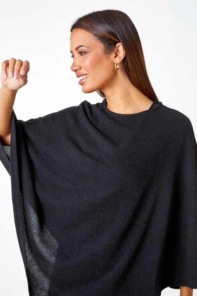 Black Marl Overlay Stretch Top Women Roman Tops
