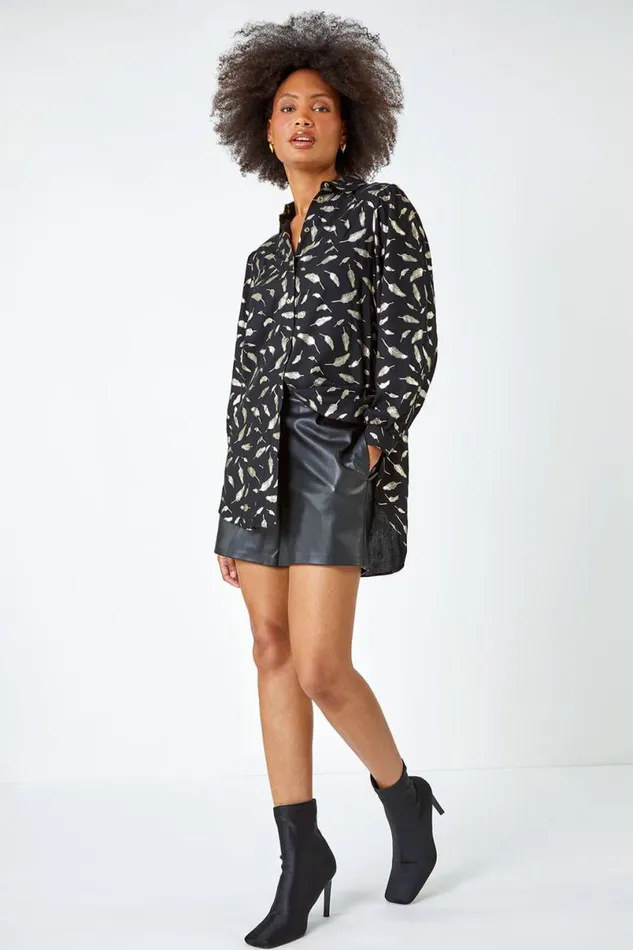 Black Metallic Feather Print Shirt Women Roman Tops
