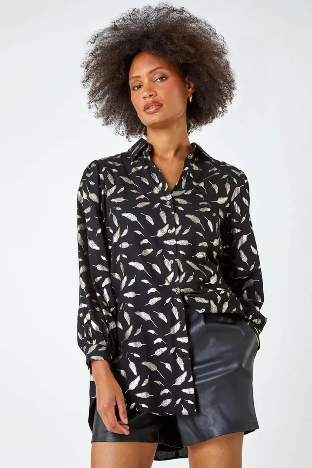 Black Metallic Feather Print Shirt Women Roman Tops