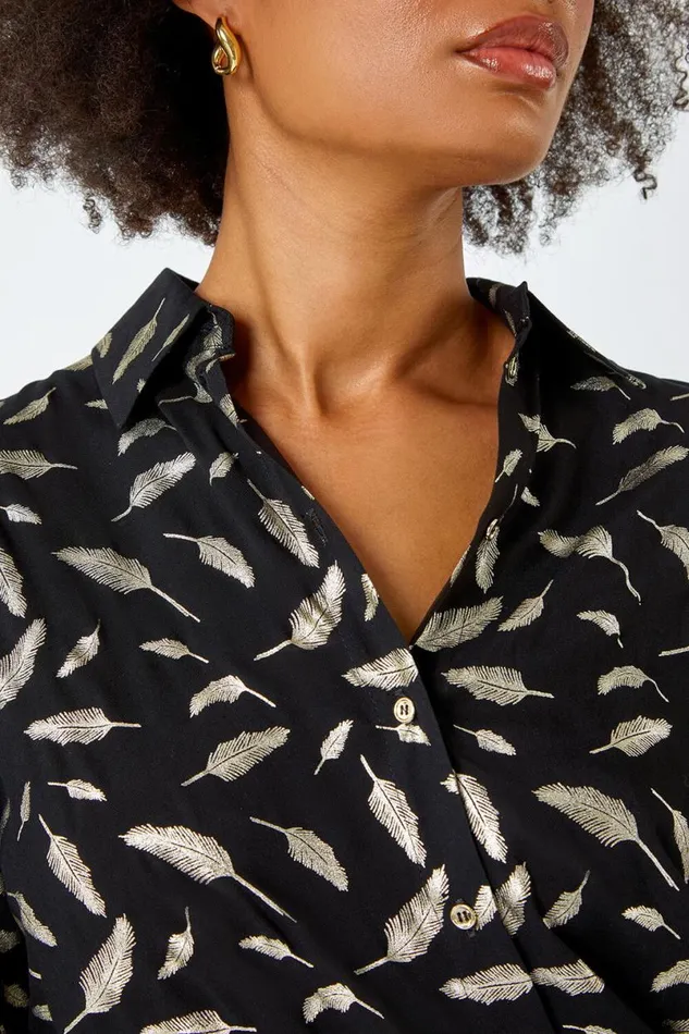 Black Metallic Feather Print Shirt Women Roman Tops