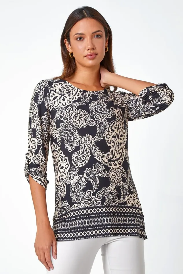 Black Paisley Border Print Stretch Tunic Top Women Roman Tops