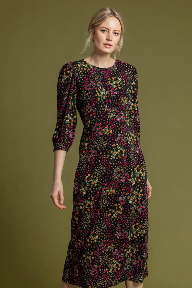 Black Patched Floral Print Midi Dress Women Roman Dresses