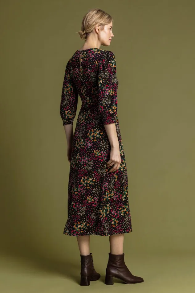 Black Patched Floral Print Midi Dress Women Roman Dresses