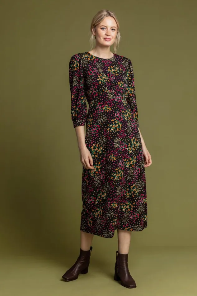 Black Patched Floral Print Midi Dress Women Roman Dresses