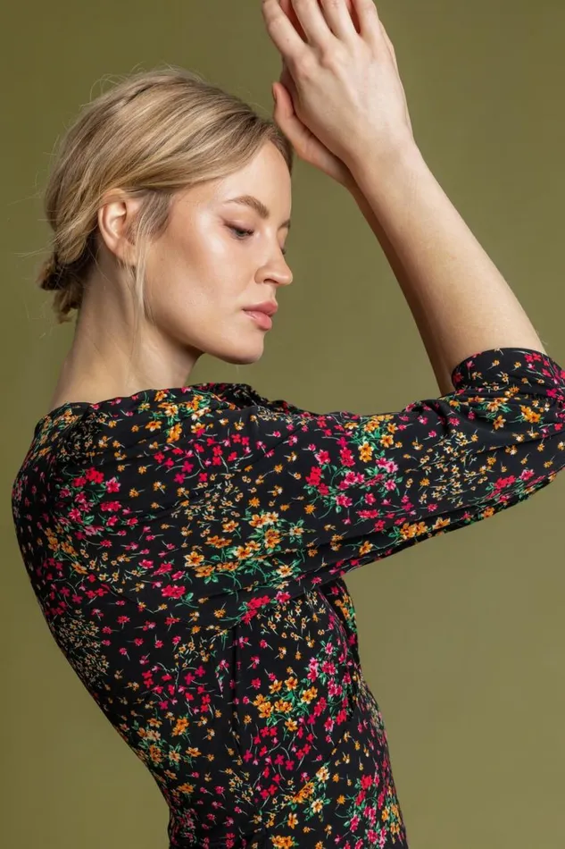 Black Patched Floral Print Midi Dress Women Roman Dresses