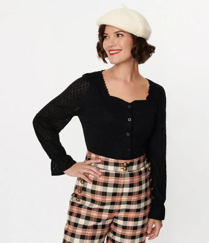 Black Perforated Diamond Knit Cardigan Clothing Unique Vintage Sweaters and Cardigans Black Perforated Diamond Knit Cardigan Clothing Unique Vintage Sweaters and Cardigans