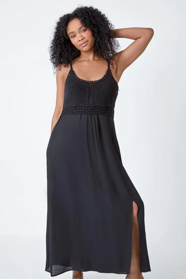 Black Petite Crochet Bodice Cotton Maxi Dress Women Roman Dresses