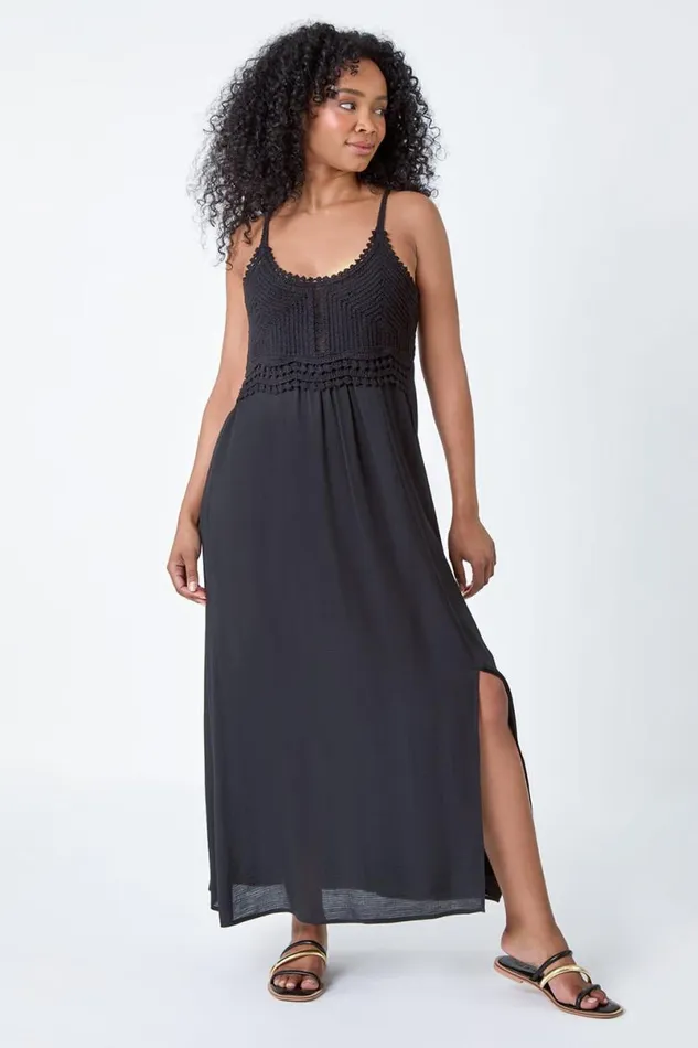 Black Petite Crochet Bodice Cotton Maxi Dress Women Roman Dresses