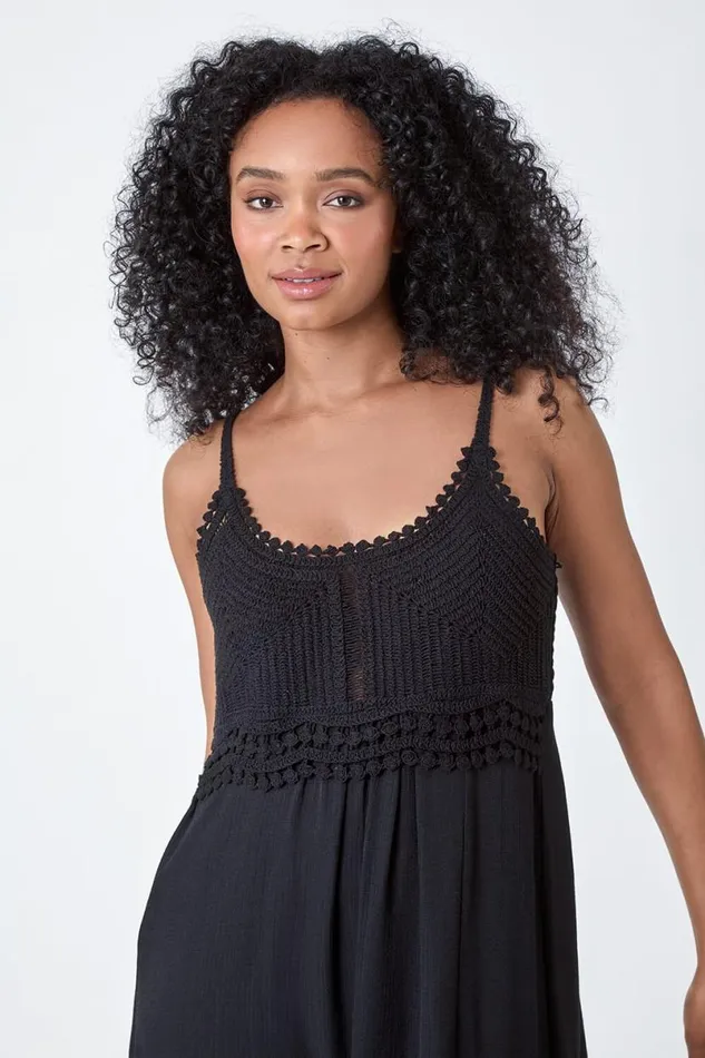 Black Petite Crochet Bodice Cotton Maxi Dress Women Roman Dresses