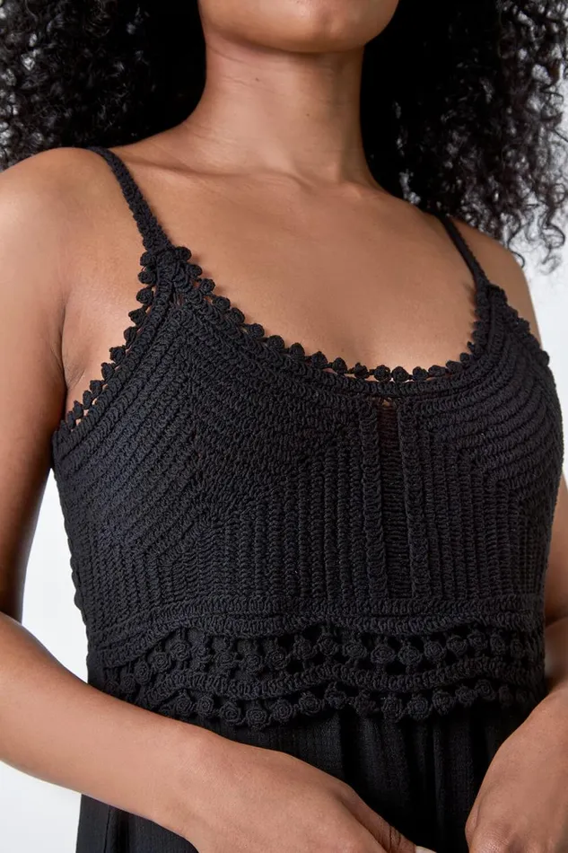 Black Petite Crochet Bodice Cotton Maxi Dress Women Roman Dresses