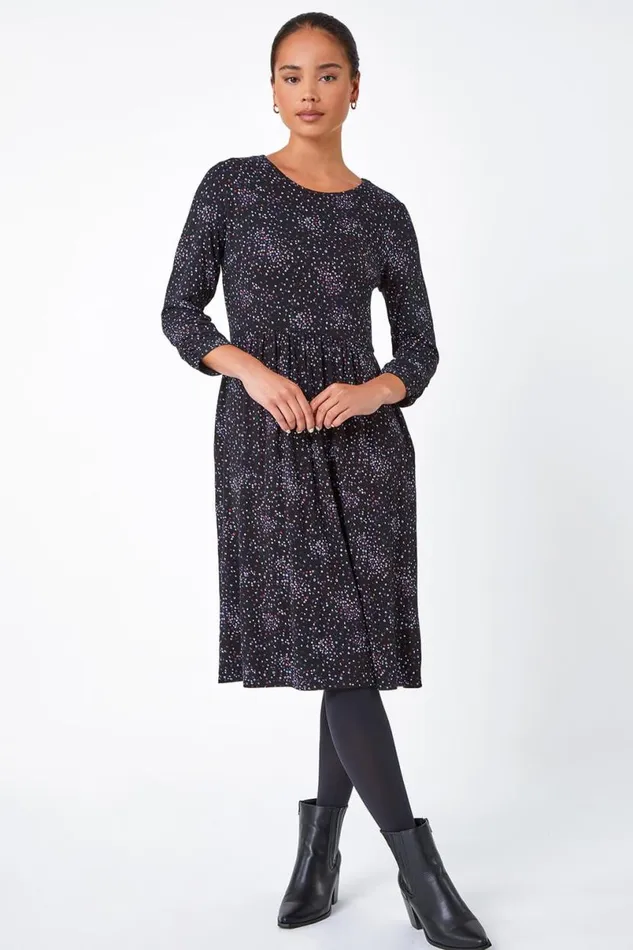 Black Petite Ditsy Floral Stretch Dress Women Roman Dresses
