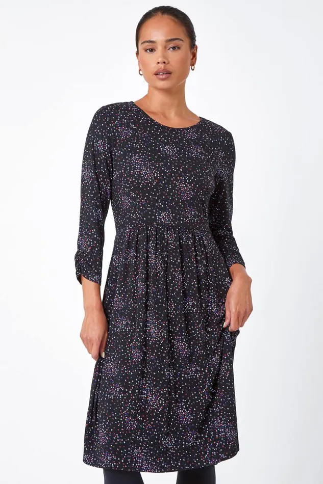 Black Petite Ditsy Floral Stretch Dress Women Roman Dresses