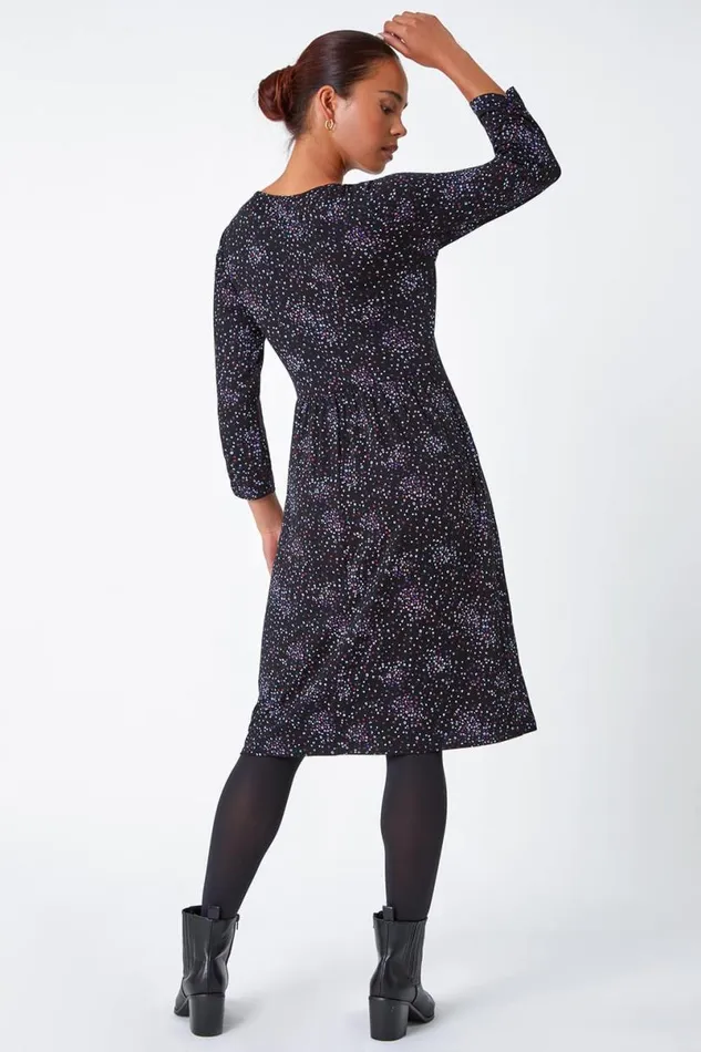 Black Petite Ditsy Floral Stretch Dress Women Roman Dresses