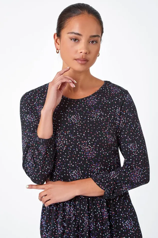 Black Petite Ditsy Floral Stretch Dress Women Roman Dresses