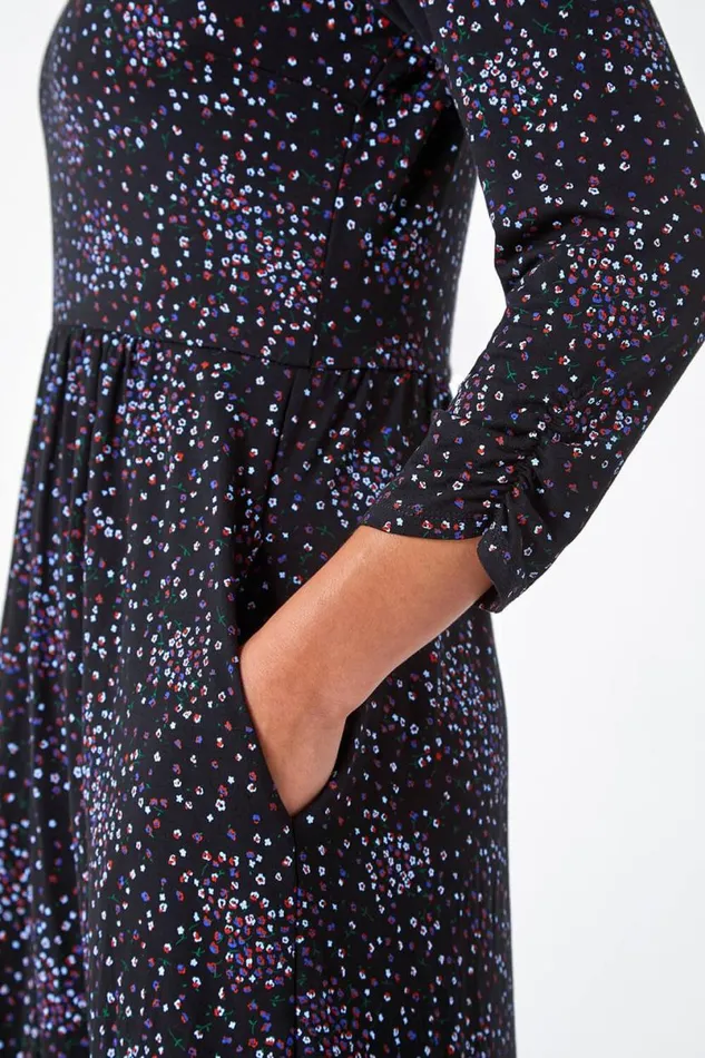 Black Petite Ditsy Floral Stretch Dress Women Roman Dresses