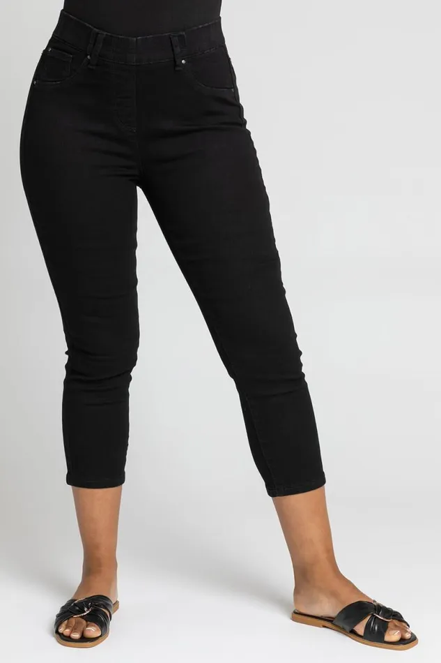Black Petite Elastic Waist Denim Cropped Jegging Women Roman Trousers