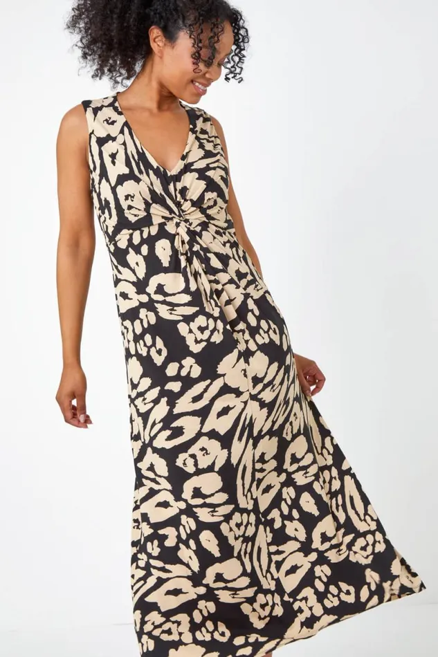 Black Petite Leopard Print Twist Jersey Maxi Dress Women Roman Dresses