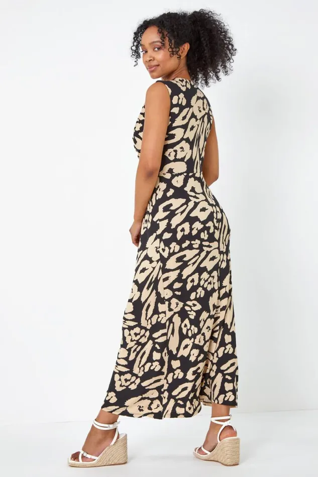 Black Petite Leopard Print Twist Jersey Maxi Dress Women Roman Dresses