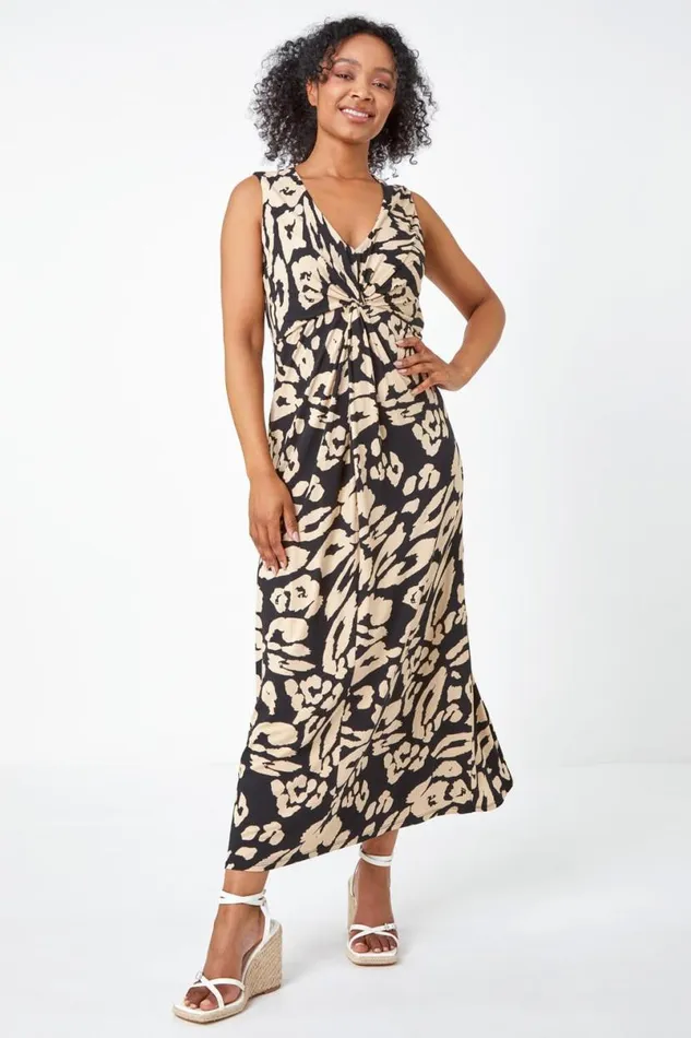 Black Petite Leopard Print Twist Jersey Maxi Dress Women Roman Dresses