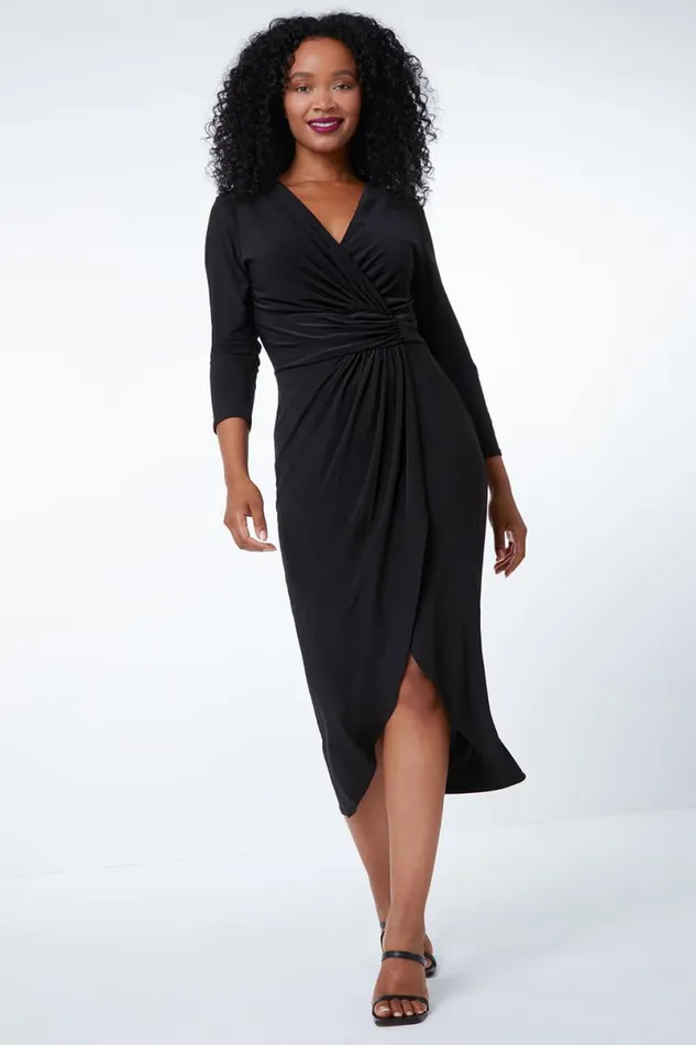 Black Petite Midi Wrap Dress Women Roman Dresses
