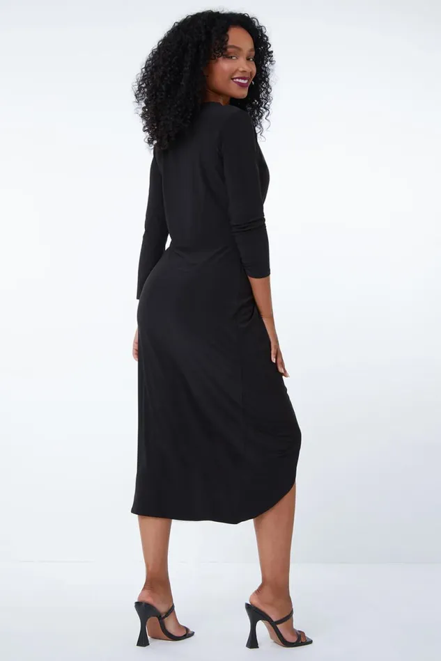Black Petite Midi Wrap Dress Women Roman Dresses