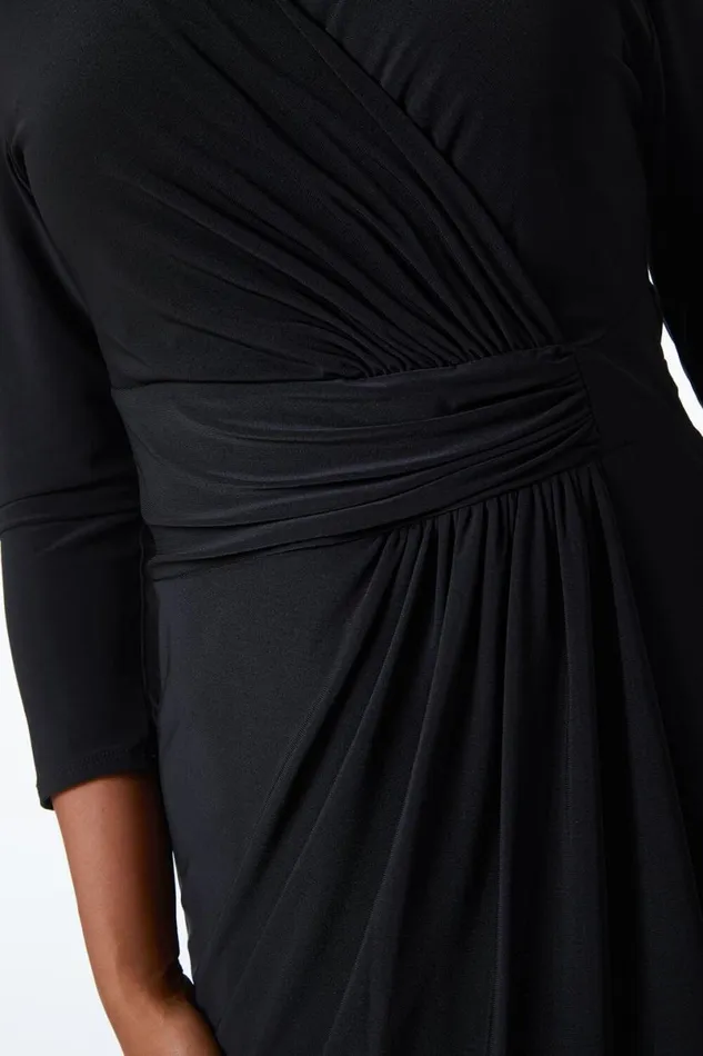 Black Petite Midi Wrap Dress Women Roman Dresses