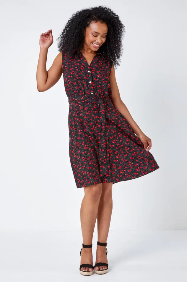 Black Petite Strawberry Sleeveless Shirt Dress Women Roman Dresses