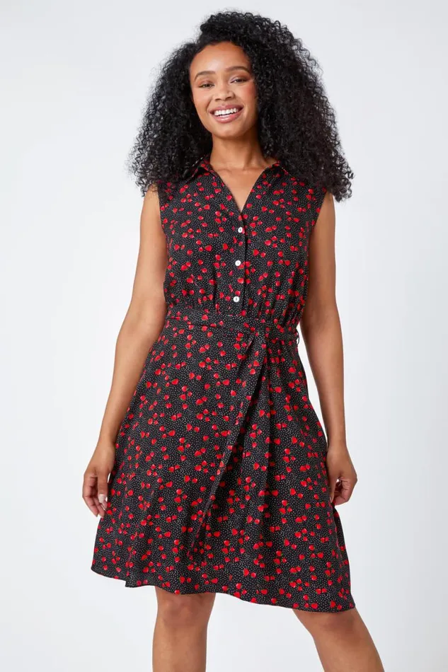 Black Petite Strawberry Sleeveless Shirt Dress Women Roman Dresses