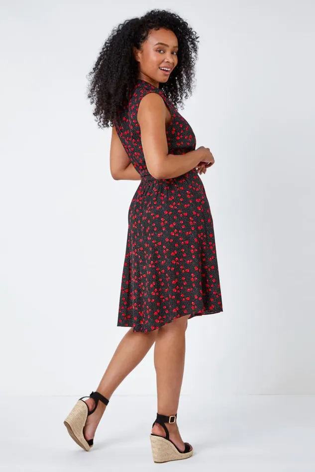 Black Petite Strawberry Sleeveless Shirt Dress Women Roman Dresses