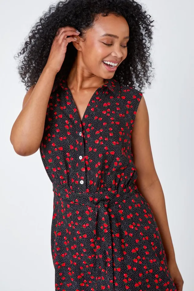 Black Petite Strawberry Sleeveless Shirt Dress Women Roman Dresses