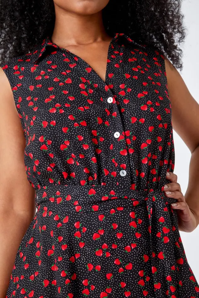 Black Petite Strawberry Sleeveless Shirt Dress Women Roman Dresses
