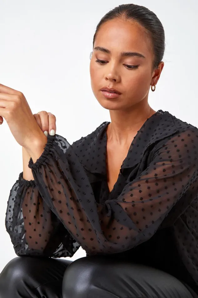 Black Petite Textured Spot Chiffon Frill Top Women Roman Tops