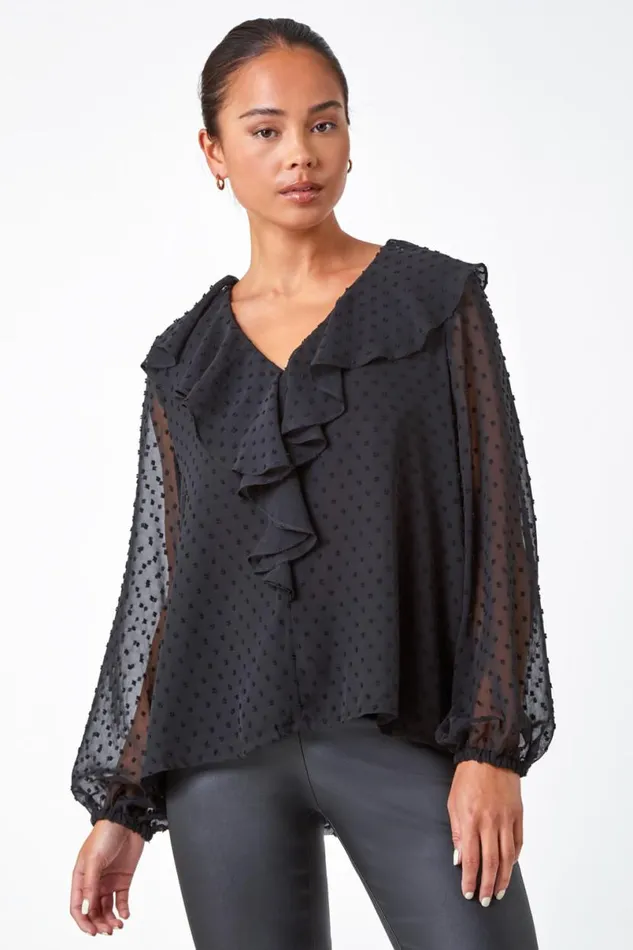 Black Petite Textured Spot Chiffon Frill Top Women Roman Tops