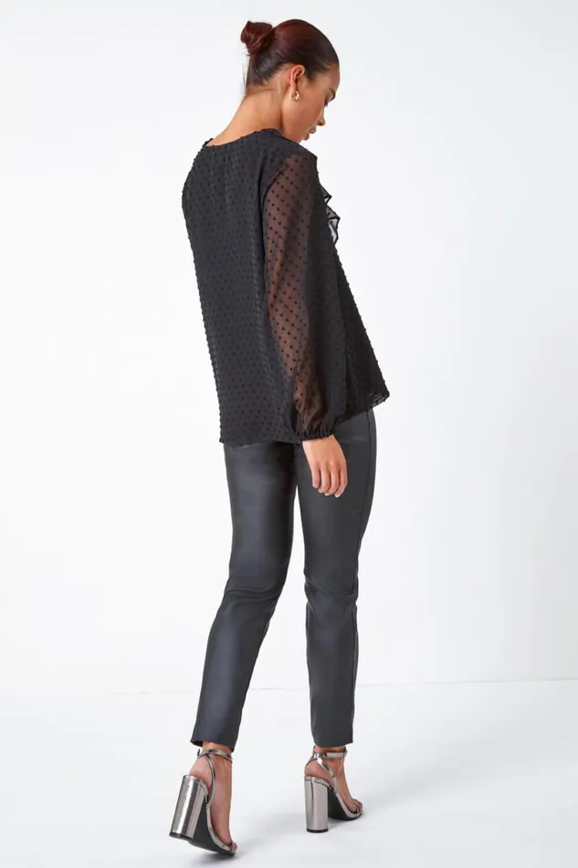 Black Petite Textured Spot Chiffon Frill Top Women Roman Tops