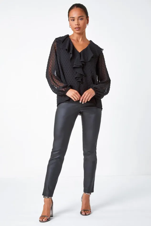 Black Petite Textured Spot Chiffon Frill Top Women Roman Tops