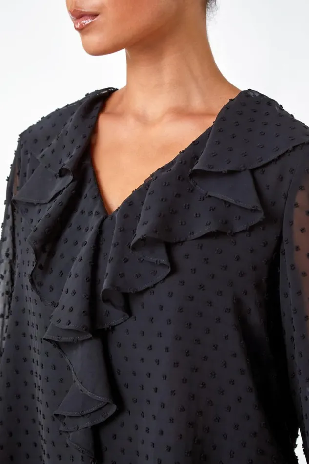 Black Petite Textured Spot Chiffon Frill Top Women Roman Tops