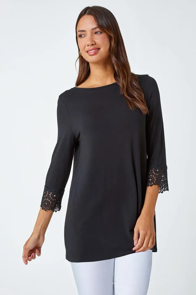 Black Plain Lace Trim Stretch Top Women Roman Tops