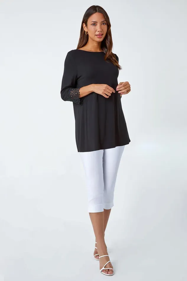 Black Plain Lace Trim Stretch Top Women Roman Tops